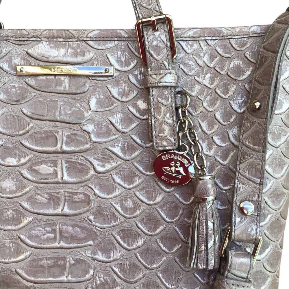 Brahmin Melbourne Mini Asher Satchel Bag in Gray Crocodile Embossed Leather